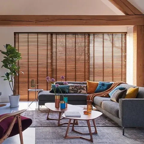 Automated wooden blinds in a modern interior